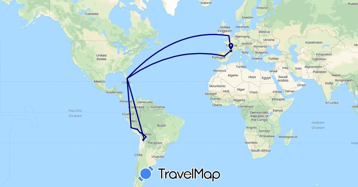TravelMap itinerary: driving in Bolivia, Spain, France, United Kingdom, Peru, United States (Europe, North America, South America)